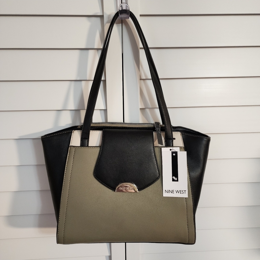 Nine West Black, Olive Green, & Beige Color Block Satchel Shoulder Handbag
